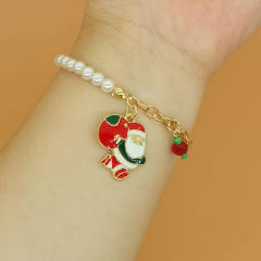 Christmas series enamel charm faux pearl bead bracelet