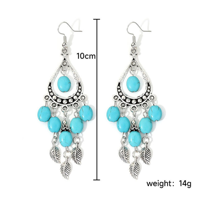 Vintage national trend turquoise stone tassel dangle earrings