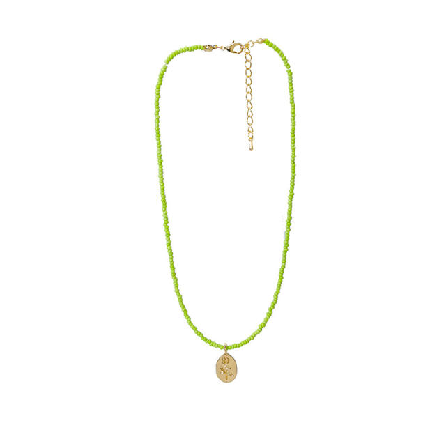 Summer fresh green color seed bead gold charm choker necklace