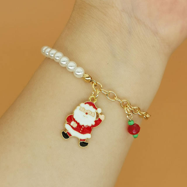 Christmas series enamel charm faux pearl bead bracelet