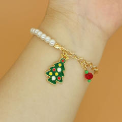 Christmas series enamel charm faux pearl bead bracelet