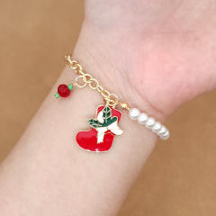 2023 cute color enamel charm faux pearl bead christmas bracelet