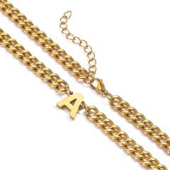 18K gold plated initial letter cuban chain stainless steel necklace