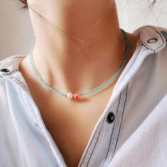 Y2K light blue color beaded choker necklace