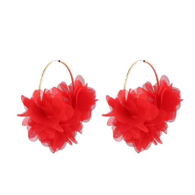 Boho colorful chiffon fabric flower hoop earrings for women