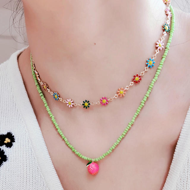 Y2K fresh green color seed bead enamel daisy flower choker necklace