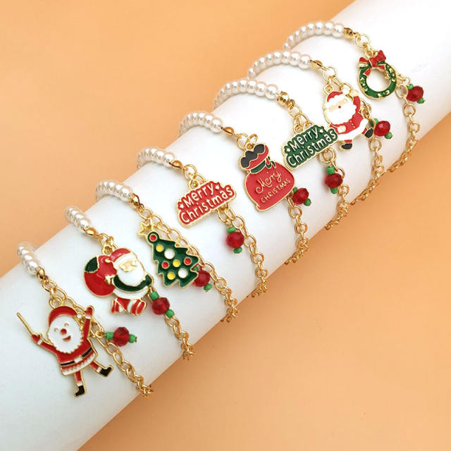Christmas series enamel charm faux pearl bead bracelet