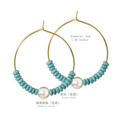 Summer boho turquoise bead pearl hoop earrings