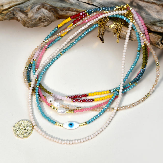 Boho colorful seed bead evil eye coin charm bead choker necklace
