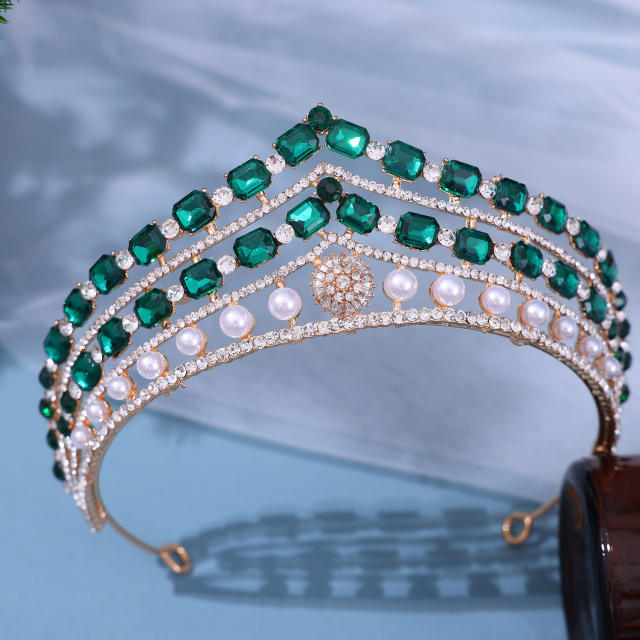 Luxury baroque colorful rhinestone pearl bead crown