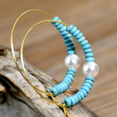 Summer boho turquoise bead pearl hoop earrings