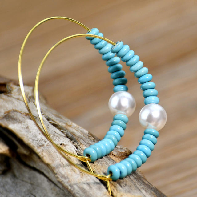 Summer boho turquoise bead pearl hoop earrings
