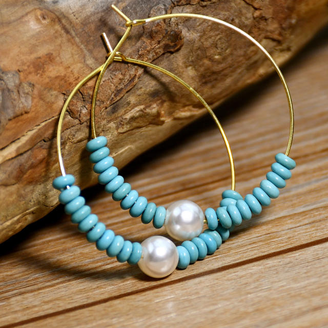 Summer boho turquoise bead pearl hoop earrings