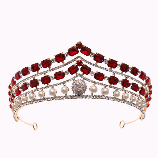 Luxury baroque colorful rhinestone pearl bead crown