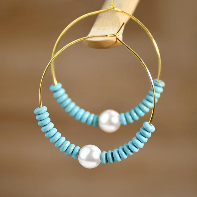 Summer boho turquoise bead pearl hoop earrings