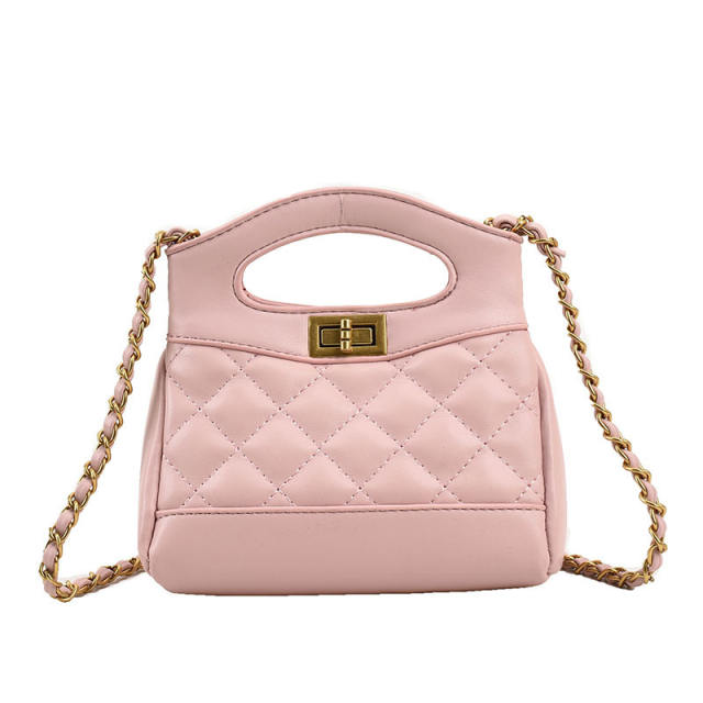 Sweet Plain color PU leather quilted chain bag for child