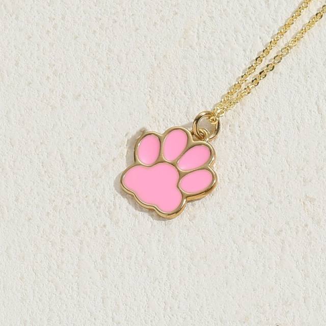 INS candy color enamel paw pendant copper necklace