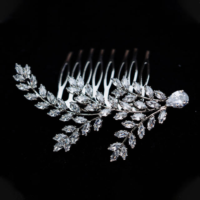 Elegant full cubic zircon leaf shape wedding hair combs