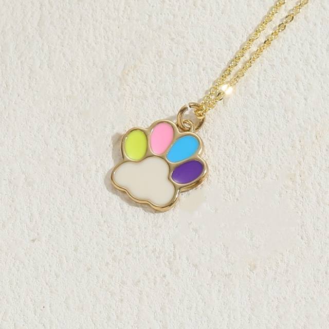 INS candy color enamel paw pendant copper necklace