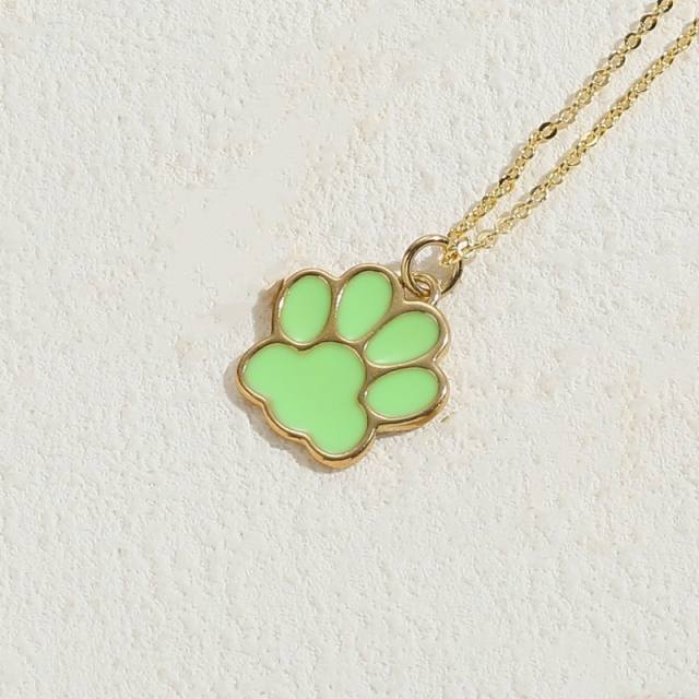 INS candy color enamel paw pendant copper necklace