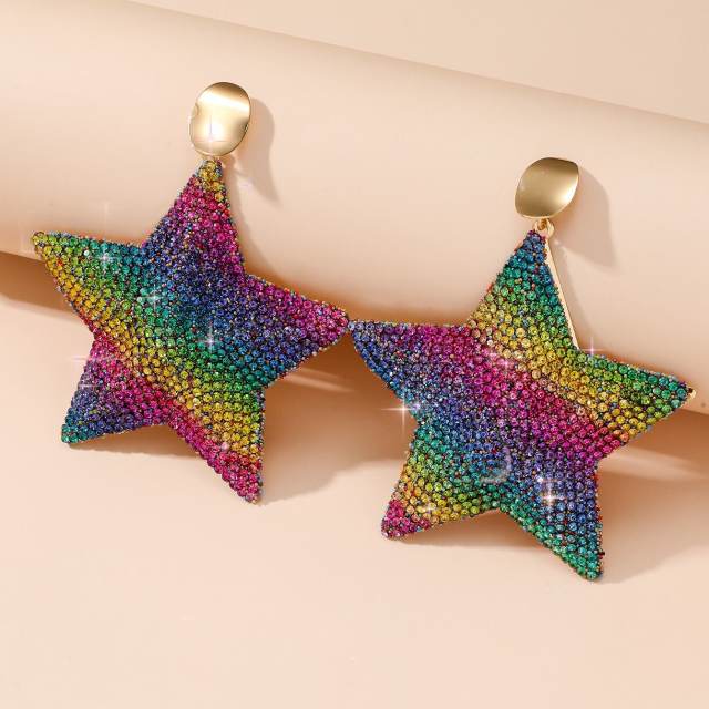 Chunky rainbow rhinestone star twisted earrings