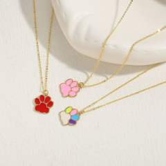 INS candy color enamel paw pendant copper necklace