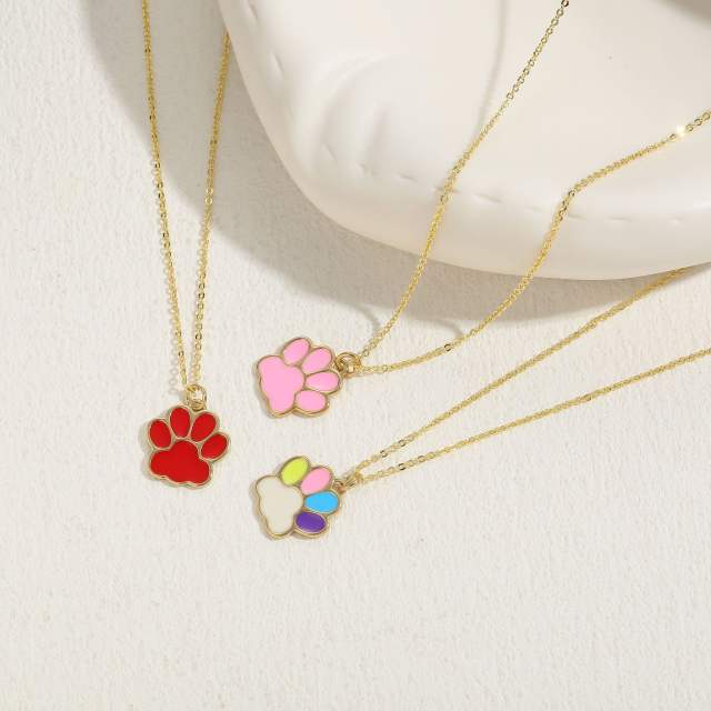 INS candy color enamel paw pendant copper necklace
