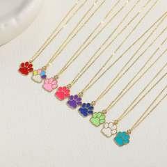 INS candy color enamel paw pendant copper necklace