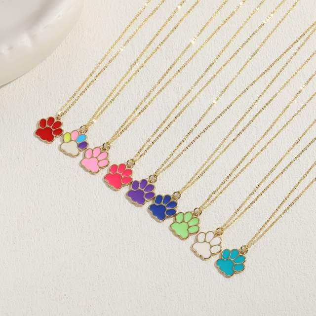 INS candy color enamel paw pendant copper necklace