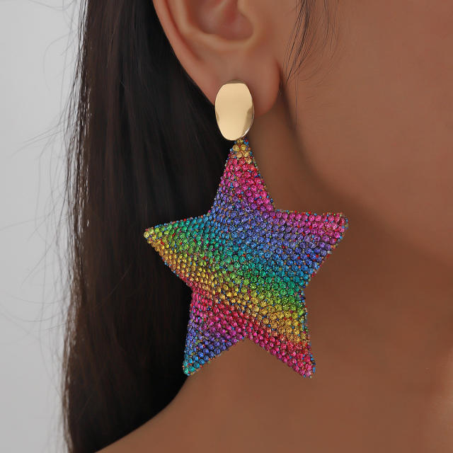 Chunky rainbow rhinestone star twisted earrings