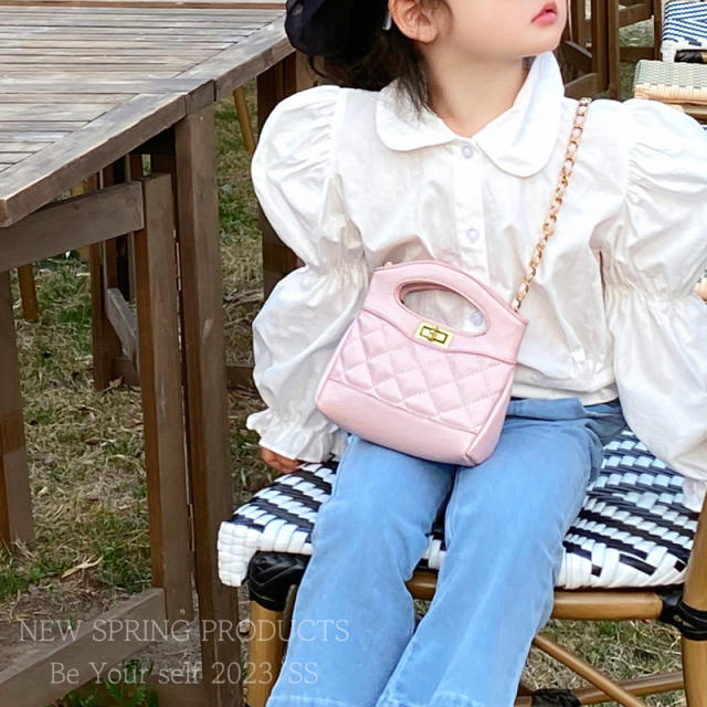 Sweet Plain color PU leather quilted chain bag for child