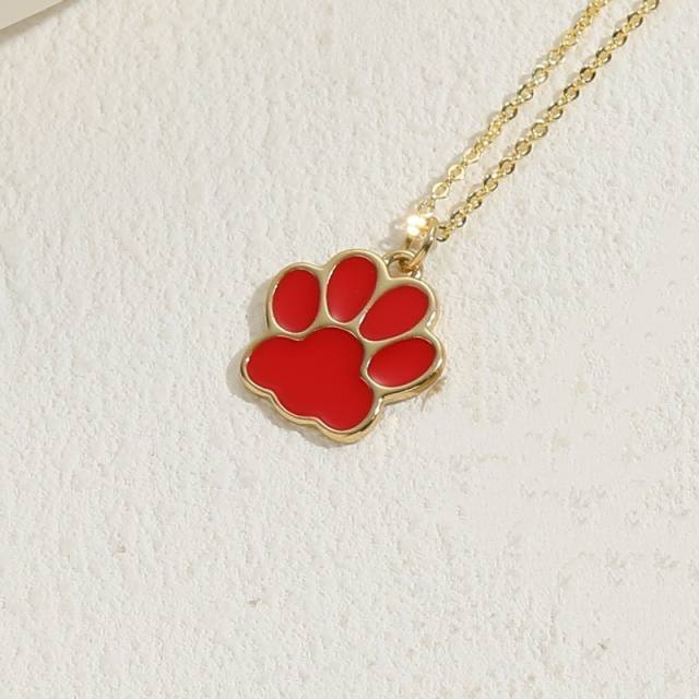 INS candy color enamel paw pendant copper necklace