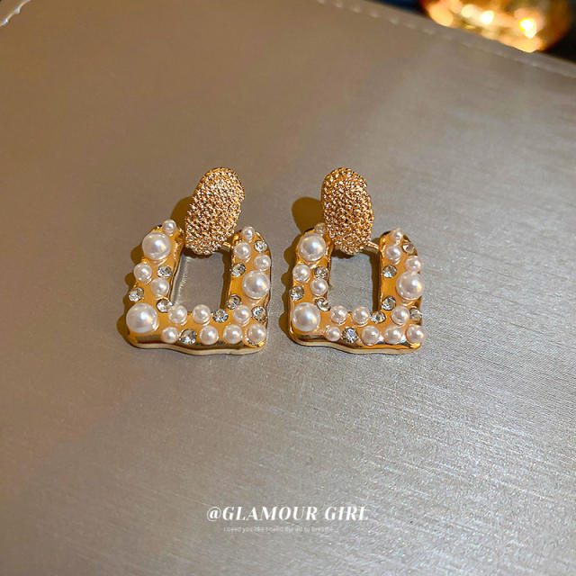 925 needle pearl bead geometric square women earrings