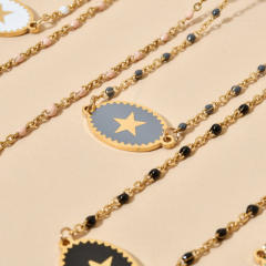 Boho color enamel oval pendant star stainless steel dainty necklace