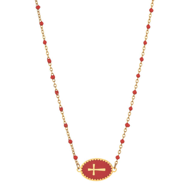Boho hot sale color enamel slide cross symbol stainless steel dainty necklace