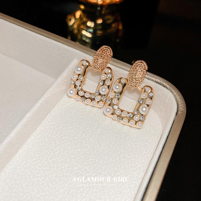 925 needle pearl bead geometric square women earrings