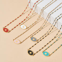 Boho color enamel oval pendant star stainless steel dainty necklace