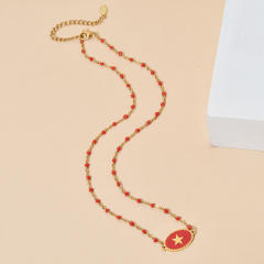 Boho color enamel oval pendant star stainless steel dainty necklace