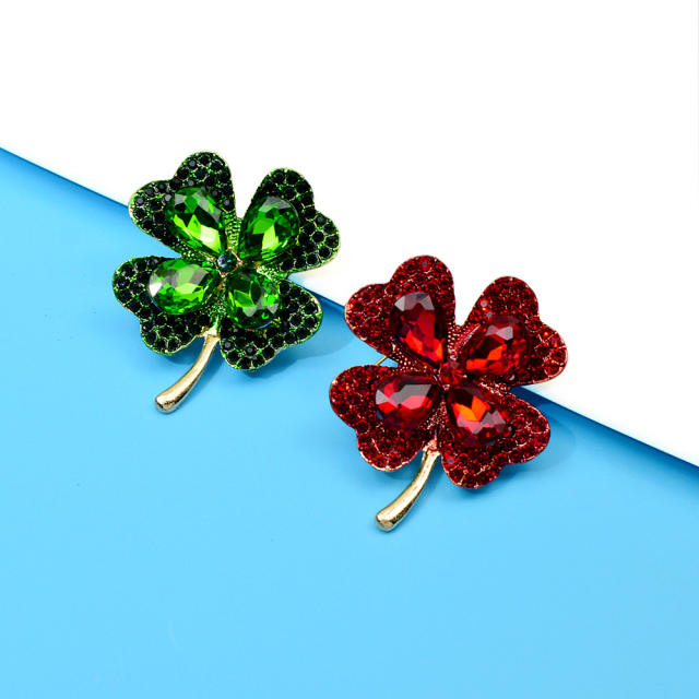 Green red crystal stone clover women brooch