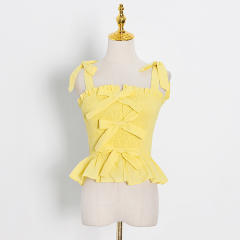 Sexy sweet pink yellow color bow smocked slip tops