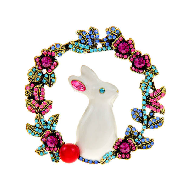 Cute enamel colorful rabbit flower crown brooch