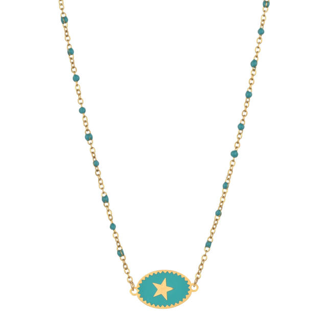 Boho color enamel oval pendant star stainless steel dainty necklace