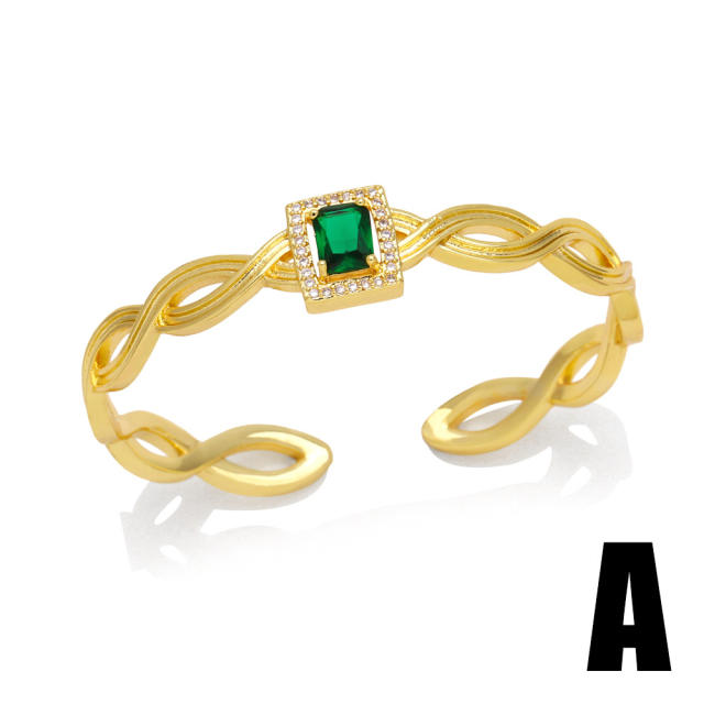 Geometric shape pave setting cubic zircon emerald gold plated copper cuff bangles