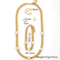 14K diamond heart stainless steel cuban link chain necklace set