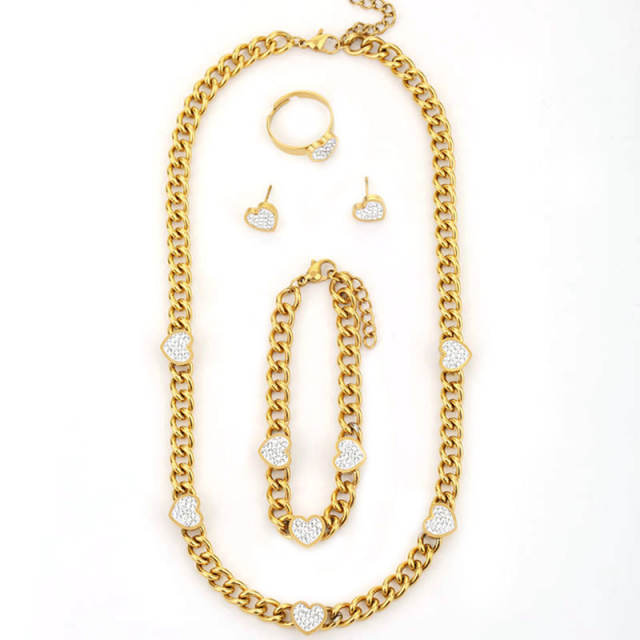 14K diamond heart stainless steel cuban link chain necklace set