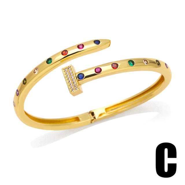 Chunky rainbow cubic zircon leopard gold plated copper cuff bangles