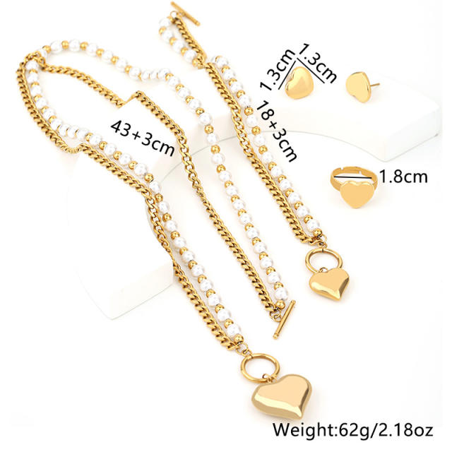 Popular heart charm pearl bead stainless steel necklace set