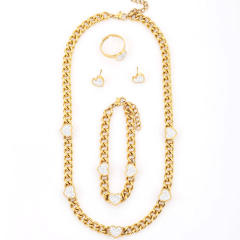 14K diamond heart stainless steel cuban link chain necklace set