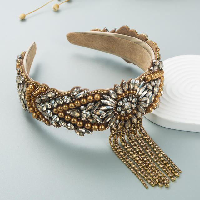Luxury diamond tassel glass crystal statement baroque wedding headband