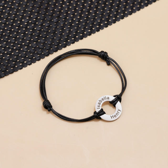 Personality silver color circle engrave letter PU leather bracelet